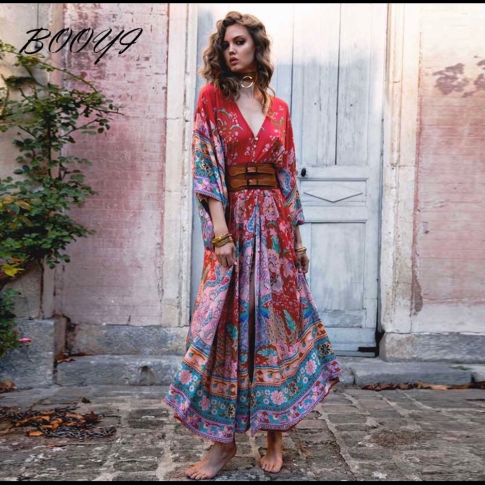 NEW Peacock Red Lotus Boho Spell Maxi Dress
